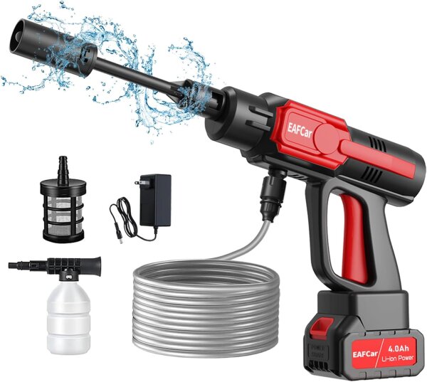 EAFCar Cordless Pressure Washer 21V, 100 Bar, Brushless Motor, 4000mAh, 5m Hose, Portable, for Garden & Patio