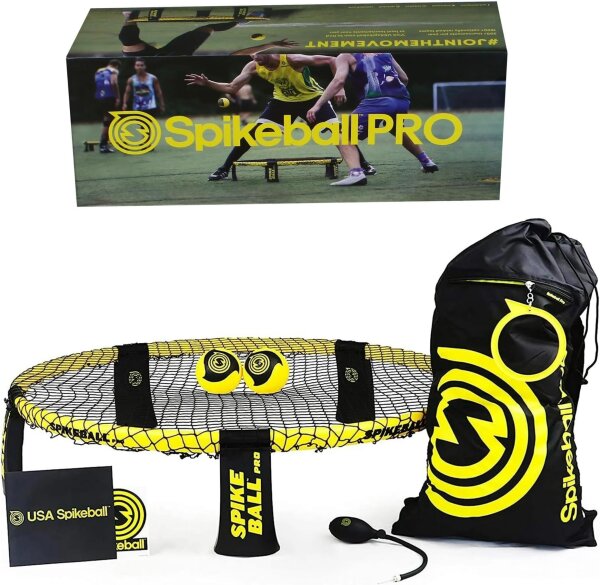 Spikeball Pro Reaktionsspiel, Outdoor Set, bruchsicherer Rahmen, reißfestes Netz, Noppenbälle, Pumpe, Rucksack, Schwarz-Gelb