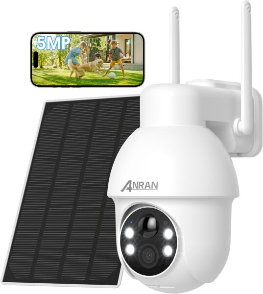 ANRAN 3K WiFi PTZ Surveillance Camera, 5MP, 360° Rotatable, Solar Powered, Color Night Vision, Two-Way Audio, PIR, IP66, Alexa Compatible