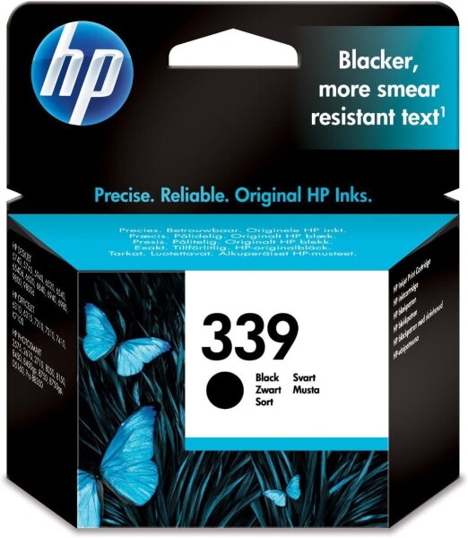 HP 339, black ink cartridge, high yield, for HP printers, clear prints, easy installation