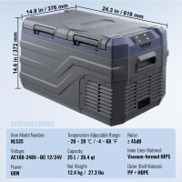 VEVOR Autokühlschrank 25L, tragbare Kühl- & Gefrierbox, 2 Zonen, -20~20°C, 12/24V & 100-240V, für Camping/Wohnmobil