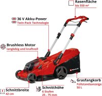 Einhell RASARRO 36/42 Kit cordless lawnmower, 42cm, 36V, brushless, mulching, 50L grass catcher, 2x4Ah batteries, charger, for lawns up to 550m²