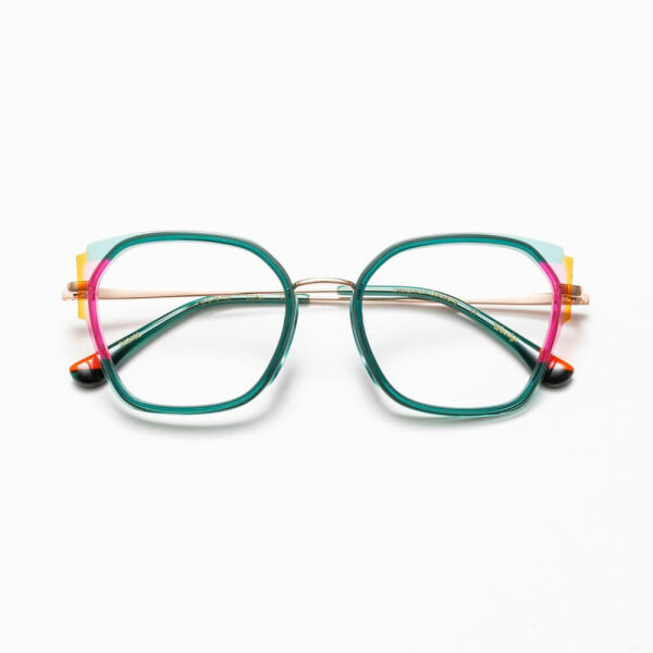 Woodys Lora 05 Damenbrille, grün-orange-rosa, modische Acetatfassung, Größe 52/18, farbenfrohes Design