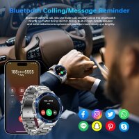 MiracDan Silver Mens Smartwatch, Military Design, Metal Band, 1.43" AMOLED, 100+ Sports Modes, IP68, Phone, 400mAh, Android