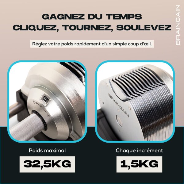 BRAINGAIN Kurzhantel 32,5 kg, verchromt, verstellbar, 1 Stück, vielseitig für Krafttraining und Fitness