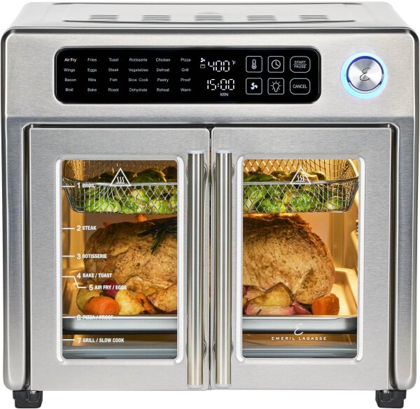 Emeril Lagasse Fritteusen-Toaster-Ofen, 26QT, 24 Funktionen, digitale Steuerung, 7 Zubehörteile, Edelstahl, French Door
