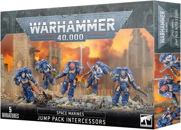 Warhammer 40,000 Space Marines Jump Pack Intercessors 48-13, 5 Citadel miniatures, dynamic jump troops, Games Workshop