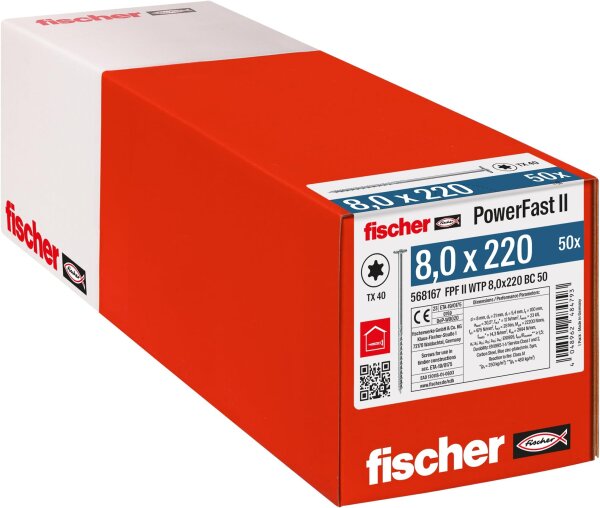 fischer PowerFast II WTP 8,0x220 BC, Holzbauschraube, Tellerkopf, TX40, Teilgewinde, 50 Stk, kraftvoll für Holzbau