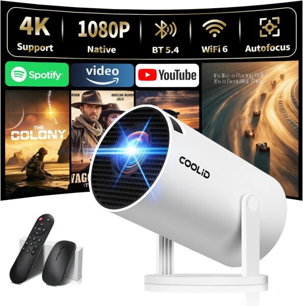 Coolid C2 Mini Projector, Portable 4K/1080P Projector, 5G WiFi 6, BT 5.4, Auto-Keystone, 180° Rotatable, White