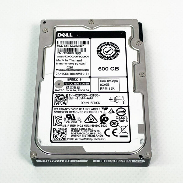 Dell 5PNGD 600GB hard drive, 2.5" SAS, 15K RPM, 12Gb/s, HDD, high-speed storage for servers