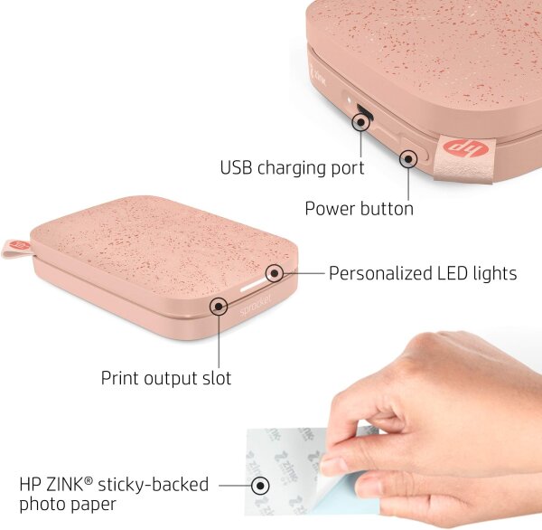HP Sprocket HPISPP, Mobile Photo Printer, Wireless, Bluetooth, ZINK Adhesive Photo Paper, for iOS/Android, Pink