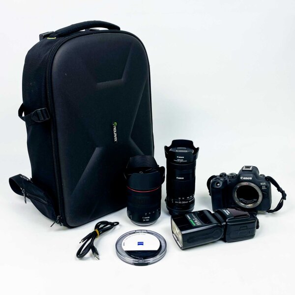 Canon EOS R6 Mark II body, mirrorless system camera, including 24-105mm & EF-S 55-250mm lenses, polarizing filter, Neewer NW561 flash