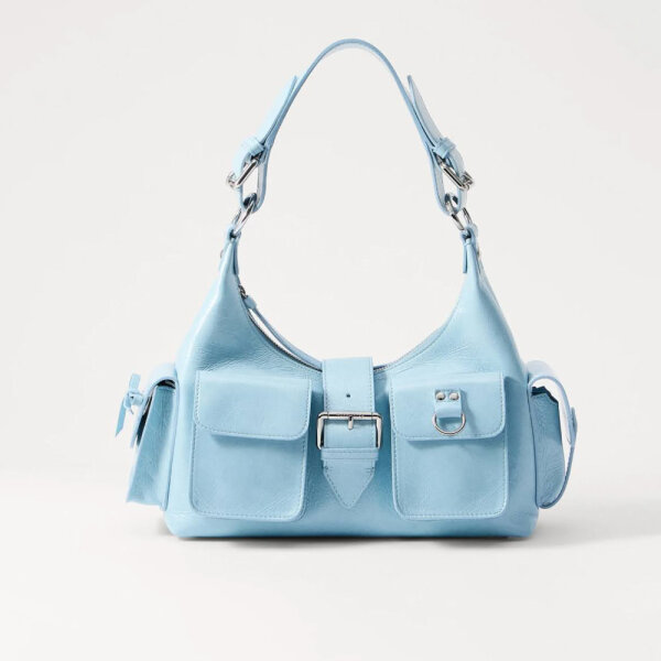 The Kooples Amelia handbag, leather, light blue, 25x29x9cm, elegant shoulder bag, modern design