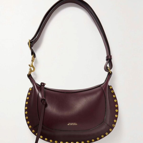 Isabel Marant Oskan Moon shoulder bag, leather, studs, burgundy, 60x30x19cm, adjustable strap, magnetic closure