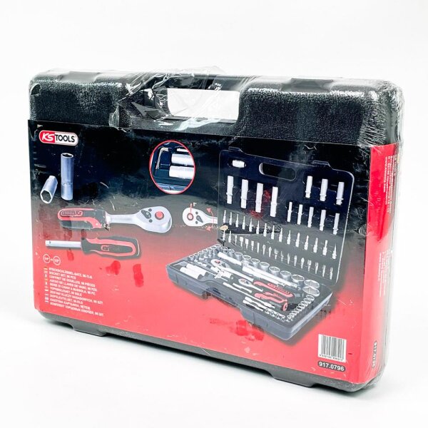KS Tools 917.0796 Socket Wrench Set 1/4"+1/2", 96-piece, Hex, FlankTraction, Chrome Vanadium, Case, Black/Grey/Red