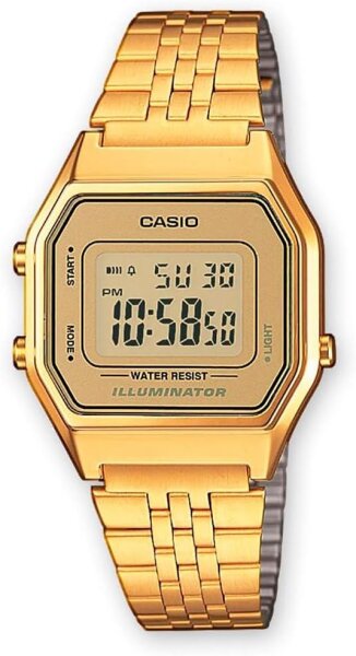 Casio LA680WEGA Damenuhr, Retro-Design, goldfarben, Digitalanzeige, Edelstahlarmband, wasserdicht, kompakt