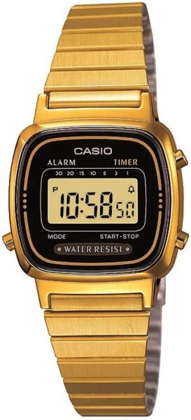 Casio Womens Retro Watch LA670WEGA-1EF, Digital, Gold/Black, Stainless Steel Bracelet, Stopwatch, Alarm, Waterproof