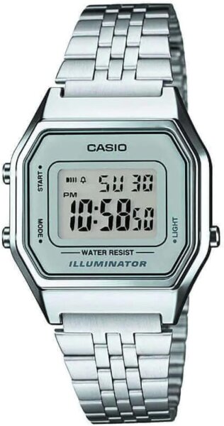 Casio Womens Retro Watch LA680WEA-7EF, silver, digital display, stainless steel bracelet, waterproof, stopwatch, alarm
