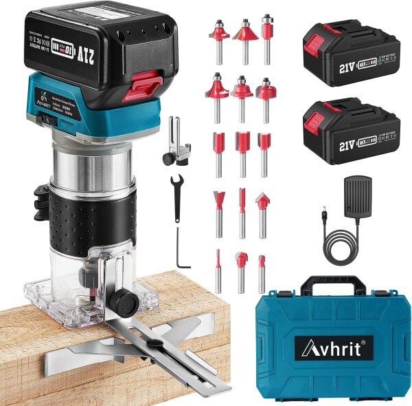 Avhrit AX001, kompakte kabellose Holzfräse, 21V, 2x4.0Ah Akkus, bürstenlos, 15 Fräser-Bits, Holzschneider, vielseitig