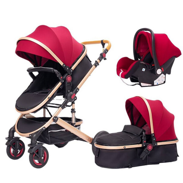 YAZOCO Kombi-Kinderwagen Weinrot, Babyschale, 5-Punkt-Gurt, Getränkehalter, flexibel, sicher, komfortabel