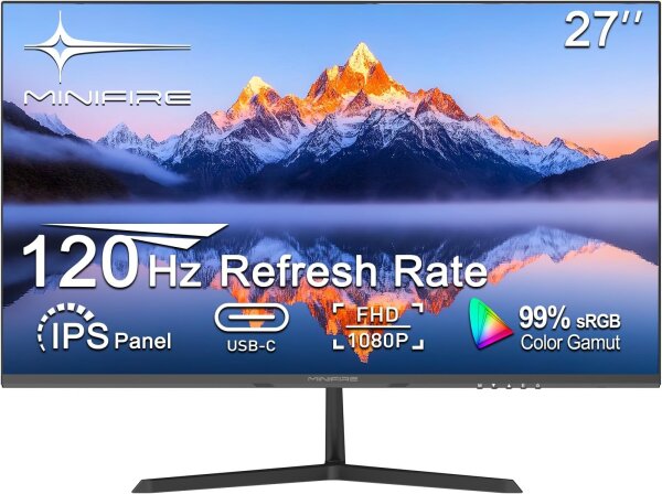 Minifire 27" Monitor, IPS, 120Hz, FHD, sRGB110%, 300 Nits, FreeSync, Eye-Care, HDMI/USB-C, VESA, rahmenlos, Schwarz