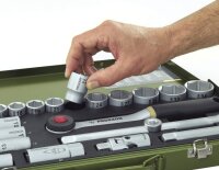 PROXXON 23000 Steckschlüsselsatz, 29-tlg., 1/2" Umschaltratsche, robuster Stahlkasten, kraftvolle Mechanik