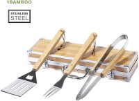 3-tlg. Grillbesteck-Set 8363313, Grillzange, Gabel & Wender im Metallkoffer in Bambusoptik, beige, BBQ Zubehör