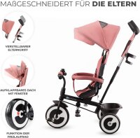 Kinderkraft Aston Kinderdreirad ab 9 Monate bis 25 kg – Schubstange, drehbarer Sitz (vorwärts/rückwärts), Sonnendach, Getränkehalter & Korb, Rosa