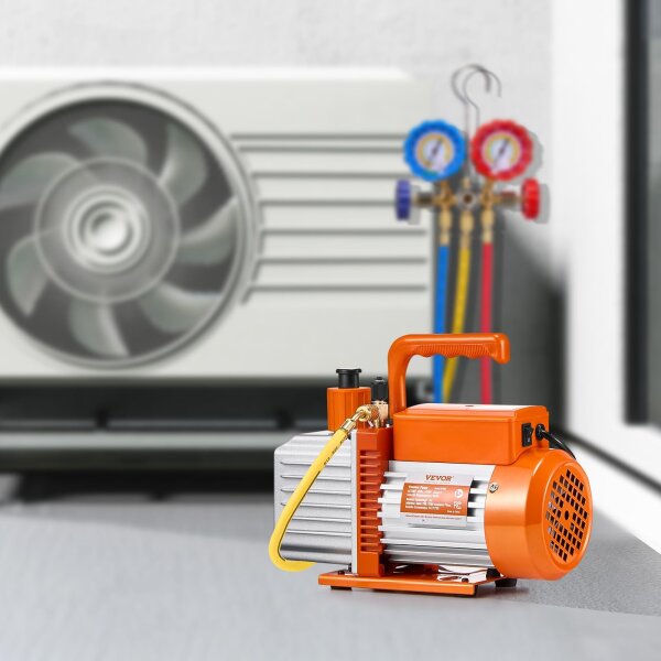 VEVOR 6 CFM 2-stage rotary vane vacuum pump for R134a/R22/R410a, car AC maintenance kit with oil bottle, used (dented, without original packaging)