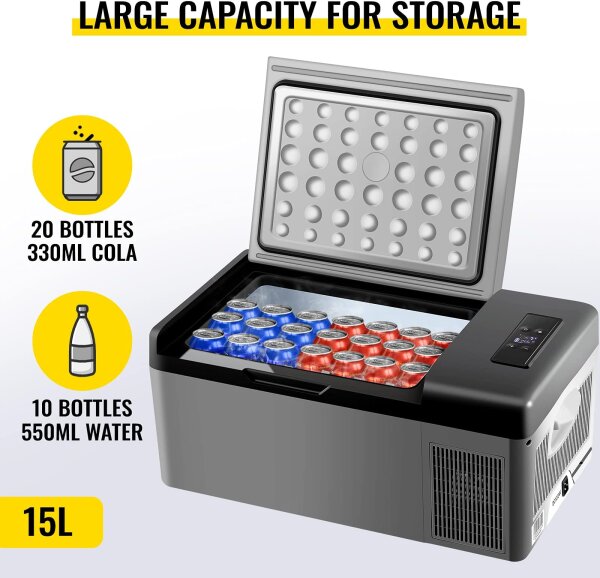 VEVOR C15 Compressor Cooler Box 15 L, Portable Mini Freezer 98×320×260 mm, Temperature Range 20–10 °C, for Car, Truck, Boat, Motorhome, Camping