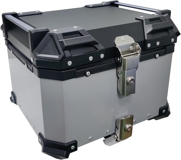 Universal 45L motorcycle top case made of aluminum, unique security lock, robust and durable, easy installation, silver-colored