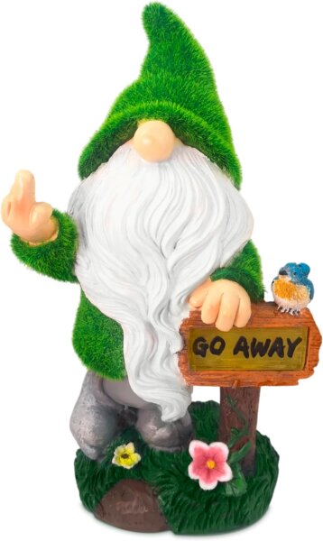 Tin Dreams DG0004 - Solar-powered resin garden gnome, cheeky outdoor decoration with middle finger, weatherproof for balcony & terrace