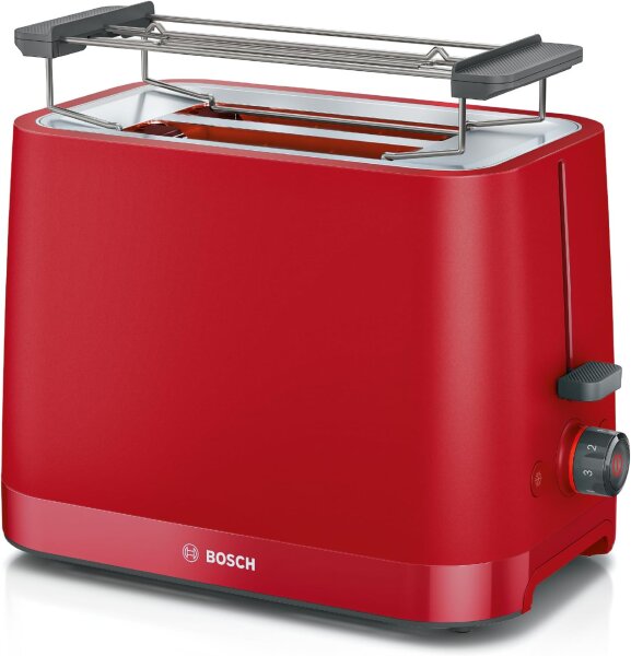 Bosch TAT3M124 Compact Toaster, 2-slice, 800W, foldable & removable bun warmer, defrost/shut-off/lift function, bread centering, matte red