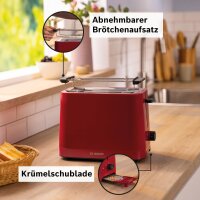 Bosch TAT3M124 Compact Toaster, 2-slice, 800W, foldable & removable bun warmer, defrost/shut-off/lift function, bread centering, matte red