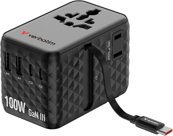 Verbatim 30191 GaN Travel Power Adapter 100W Black - Integrated Cable, 2×USB-C, 2×USB-A, USA/JP Inserts, Universal Fast Charger