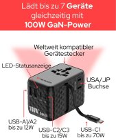 Verbatim 30191 GaN Travel Power Adapter 100W Black - Integrated Cable, 2×USB-C, 2×USB-A, USA/JP Inserts, Universal Fast Charger