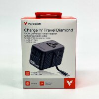 Verbatim 30191 GaN Travel Power Adapter 100W Black - Integrated Cable, 2×USB-C, 2×USB-A, USA/JP Inserts, Universal Fast Charger