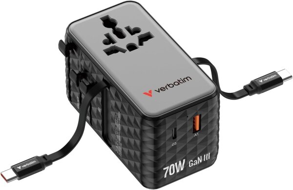 Verbatim 30186 GaN 70W Reiseadapter Schwarz – Steckdosen-Schnellladegerät mit 2 integrierten Kabeln, USB-C/USB-A, 2× USA/JP, für Laptop/MacBook/iPhone