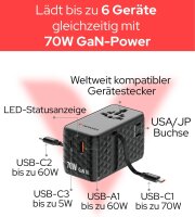 Verbatim 30186 GaN 70W Reiseadapter Schwarz – Steckdosen-Schnellladegerät mit 2 integrierten Kabeln, USB-C/USB-A, 2× USA/JP, für Laptop/MacBook/iPhone