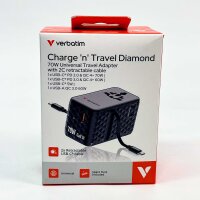 Verbatim 30186 GaN 70W Reiseadapter Schwarz – Steckdosen-Schnellladegerät mit 2 integrierten Kabeln, USB-C/USB-A, 2× USA/JP, für Laptop/MacBook/iPhone