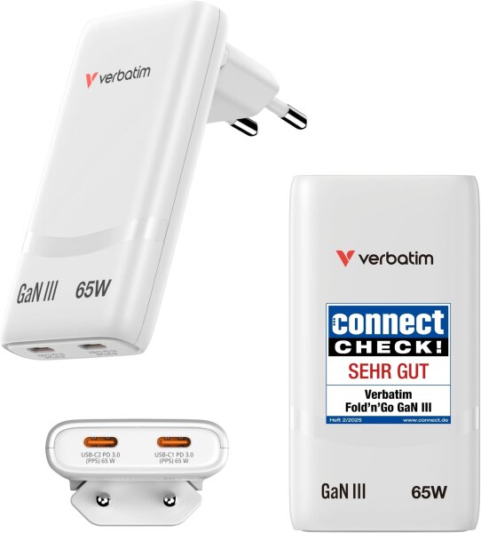 Verbatim Fold n Go 32355 GaN 65W USB-C 2-Port Ladegerät, faltbar, PD3.0, kompakt, Schnellladung, Weiß, für MacBook, iPhone 15–17, Samsung