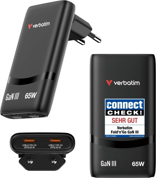 Verbatim 32354 Fold n Go 65W GaN Dual USB-C Ladegerät, faltbar, PD3.0, kompakt Schnellladegerät für MacBook, iPad, iPhone 15–17, Samsung, schwarz