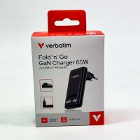 Verbatim 32354 Fold n Go 65W GaN Dual USB-C Ladegerät, faltbar, PD3.0, kompakt Schnellladegerät für MacBook, iPad, iPhone 15–17, Samsung, schwarz