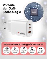 Verbatim 32353 GaN 65W Mehrfach-Ladegerät, 2x USB-C PD + 1x USB-A QC, Schnellladegerät für MacBook, iPad, iPhone 15–17, Samsung, Weiß