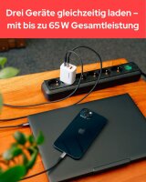 Verbatim 32353 GaN 65W Mehrfach-Ladegerät, 2x USB-C PD + 1x USB-A QC, Schnellladegerät für MacBook, iPad, iPhone 15–17, Samsung, Weiß