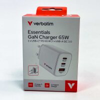 Verbatim 32353 GaN 65W Mehrfach-Ladegerät, 2x USB-C PD + 1x USB-A QC, Schnellladegerät für MacBook, iPad, iPhone 15–17, Samsung, Weiß