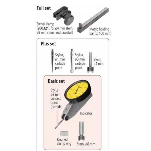 Mitutoyo 513-415-10 feeler lever, horizontal design, stroke 1 mm, graduation 0.01 mm, shaft 4/8 mm, incl. holder