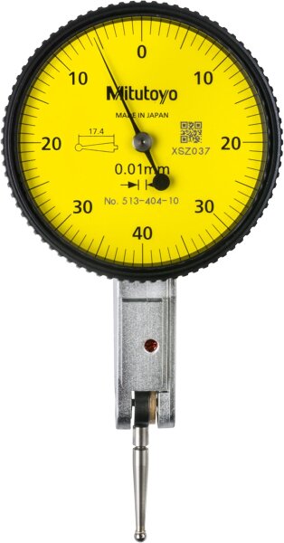 Mitutoyo 513-404-10A dial gauge, 0.8 mm stroke, 0.01 mm graduations, 3 µm accuracy, yellow dial