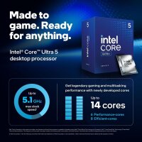 Intel Core Ultra 5 225F Desktop-Prozessor - 10 Kerne (6 P-Cores + 4 E-Cores), Turbo bis 4,9 GHz