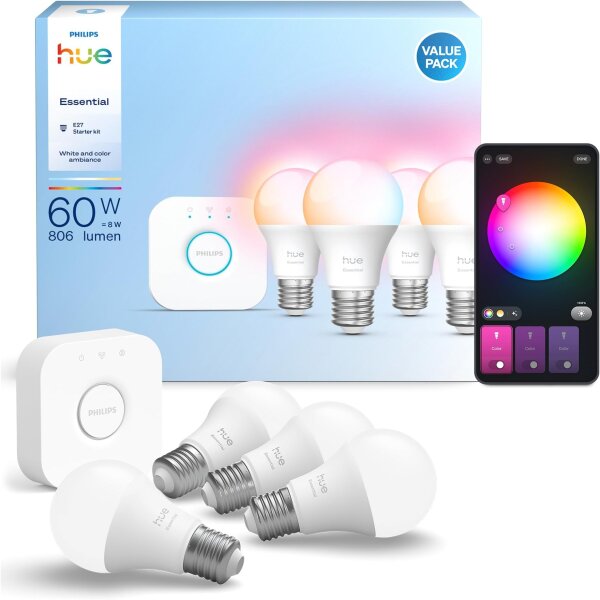 Philips Hue Essential Starter-Set, 929004235412, 4x E27 White & Color Ambiance, dimmbar, 2200-6500K, Bridge, Alexa/Google/Apple kompatibel